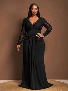 Veslaya 秋冬新款 Y2K 复古优雅精致基础款日常鸡尾酒会假日通勤大码奢华派对优雅纯色修身法式优雅休闲长款蕾丝长袖连衣裙，适合大码女性，适合派对场合 - 黑色连衣裙 黑色大码正式礼服 大码晚礼服 曲线正式晚礼服 曲线连衣裙 黑色蕾丝长袖连衣裙 黑色长款连衣裙 情人节装扮 - 黑色 - 查看 9