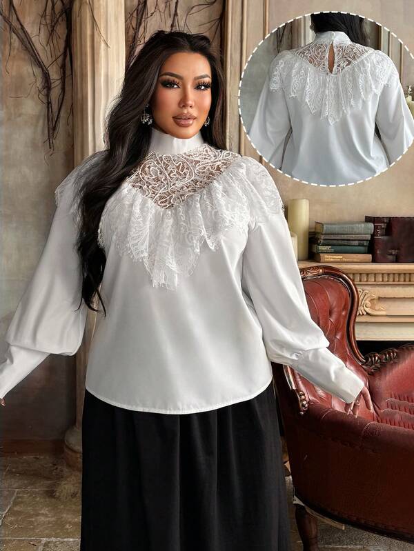 Lyrianda Plus Size Women Lace Sheer Lantern Sleeve Ruffle Decor Loose Elegant Princess Style Blouse, Suitable For Dates, Parties, Autumn/Winter
