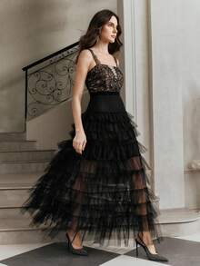 Anewsta Lace Patchwork Multi-Layer Mesh Ruffle Hem Spaghetti Strap Square Neck Dress - Black - View 1