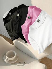 SHEIN Tall CURVE 加大码四件套纯色短款圆领短袖修身女式T恤，适合夏季穿着 - 彩色 - 查看 3