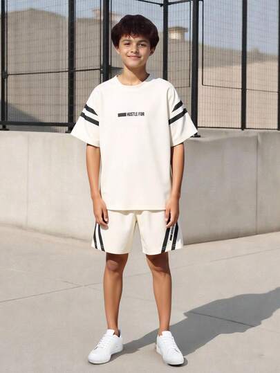 Vacaura 2 件/套大童休闲条纹袖图案圆领针织 T 恤和配套运动短裤套装，适合春夏季日常穿着和户外