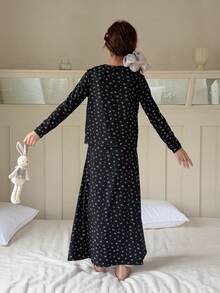 DAZY 两件套少女碎花针织开衫和修身吊带睡裙睡衣套装，秋季款 - 黑色 - 查看 6