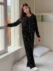 DAZY Tween Girls Star Print Velvet Pajama Set, Autumn/Winter - Black - View 5