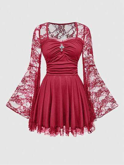 Gothic Cross Lace Patchwork Square Neck Flare Sleeve A-Line Christmas Dress For Women
