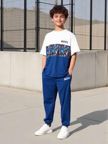 Vacaura 青少年男孩夏季休閒印花拼接T恤和長褲 - 藏蓝色 - 查看 1
