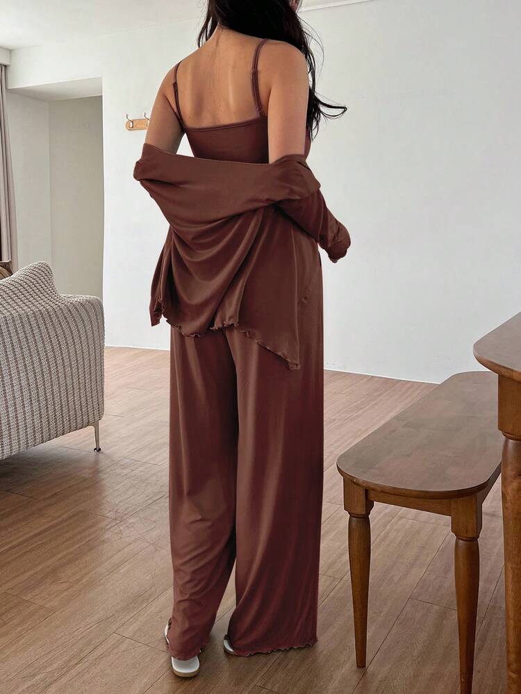 3pcs Solid Color Knit Twist Design Camisole Top & Robe & Pants Women Lounge Set, Winter Clothes