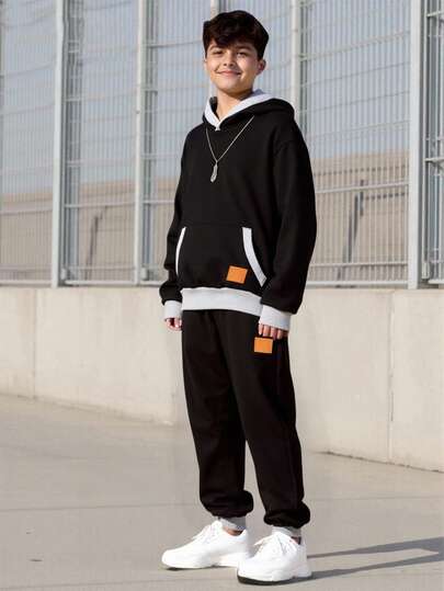 Vacaura 2pcs/Set Teenage Boys' Outdoor Black Contrast Grey Hoodie & Jogger Pants Set, Leather Patch Accent, Suitable For Autumn/Winter