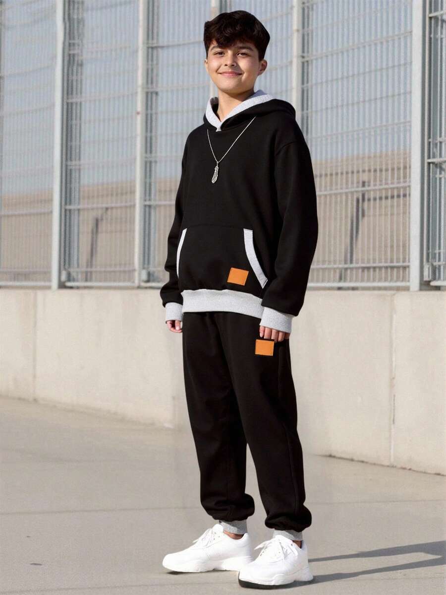 Vacaura 2 pezzi/Set Felpa con cappuccio e pantaloni jogger per ragazzi adolescenti, in nero e grigio a contrasto, con toppe in pelle, adatto per autunno/inverno - nero - Visualizzare 1
