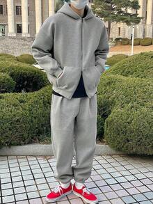 DAZY Bộ quần nỉ có dây rút và áo hoodie lót nhiệt màu xám cho nam, Thu/Đông - Xám - Xem 4