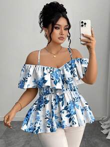 Elenzga Plus Size Elegant Off Shoulder Ruffle Trim A-Line Blouse, Spring/Summer - Blue - View 3