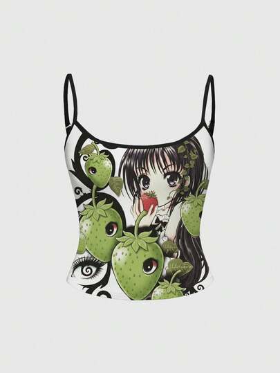 Anime süßes Mädchen Vintage Erdbeere Apfel Dunkel Horror Auge Kreuz Rebe Ästhetik Y2K Träger-Tanktop für Frauen