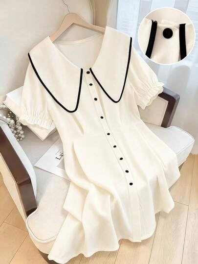 SHEIN Clasi 大码彼得潘领泡泡袖休闲度假连衣裙