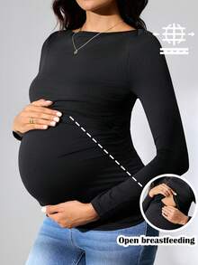 MaterniWear Maternity Solid Color Boat Neck Long Sleeve Ruched Nursing Top Maternity Tops Maternity T Shirts Pregnancy Clothing Pregnancy Shirts Post Partum Clothes  Elegant Women's Blouses - Black - View 6