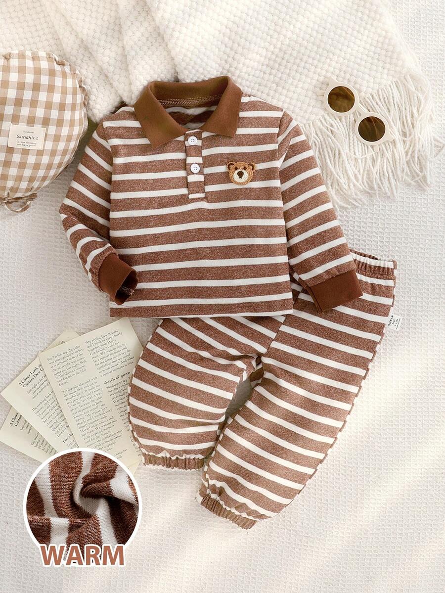 SHEIN Toddler Boys' Casual Comfortable Striped Polo Collar Loose Bear Top + Loose Striped Pants Polo Suit, Autumn/Winter - Brown - View 1