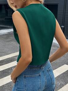 SHEIN PETITE CURVE 大码女式休闲V领纽扣前襟无袖背心，适合日常穿着、工作通勤和夏季穿着 - 軍綠色 - 查看 2
