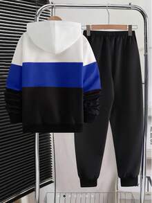Vacaura Teenager's Casual Zip-Up Hoodie Jacket With Digital Print Letter Pattern & Contrast Color Drawstring Sweatpants Sports Set, Fashionable For Spring, Autumn & Winter - Royal Blue - View 2