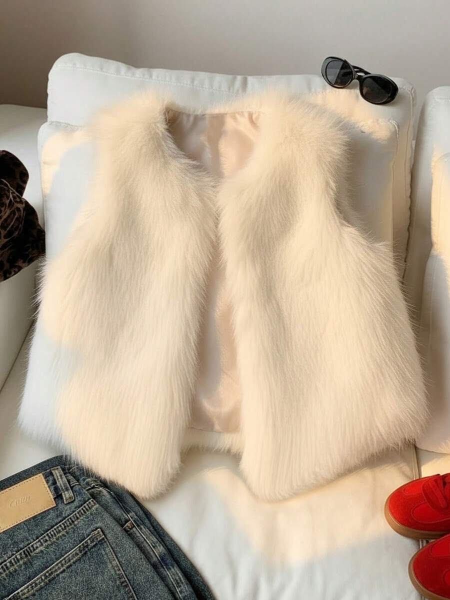 Sparklyn Thick Fleece Sleeveless Vest For Tween GirlsLoose Fit Design Allows Free Movement, Solid Color Minimalist Style Suitable For Hoodies & Sweaters, Layering For Autumn/Winter, Suitable For Daily Wear & Campus