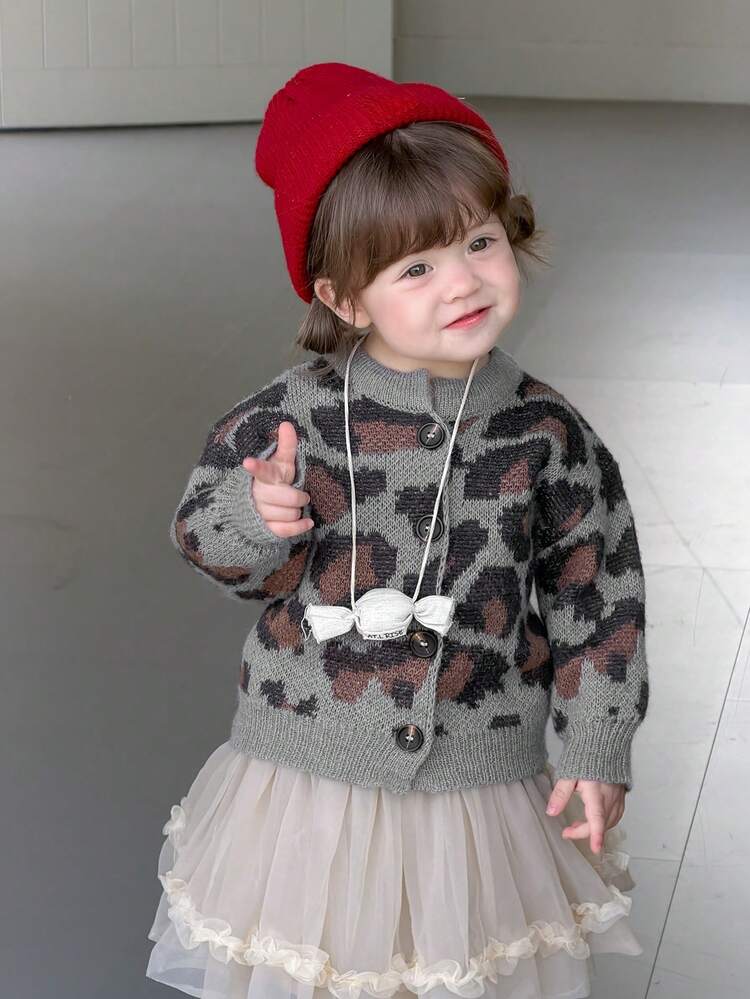 Toddler Girls' Leopard Print Casual Korean Style Loose Long Sleeve Cardigan, Autumn/Winter
