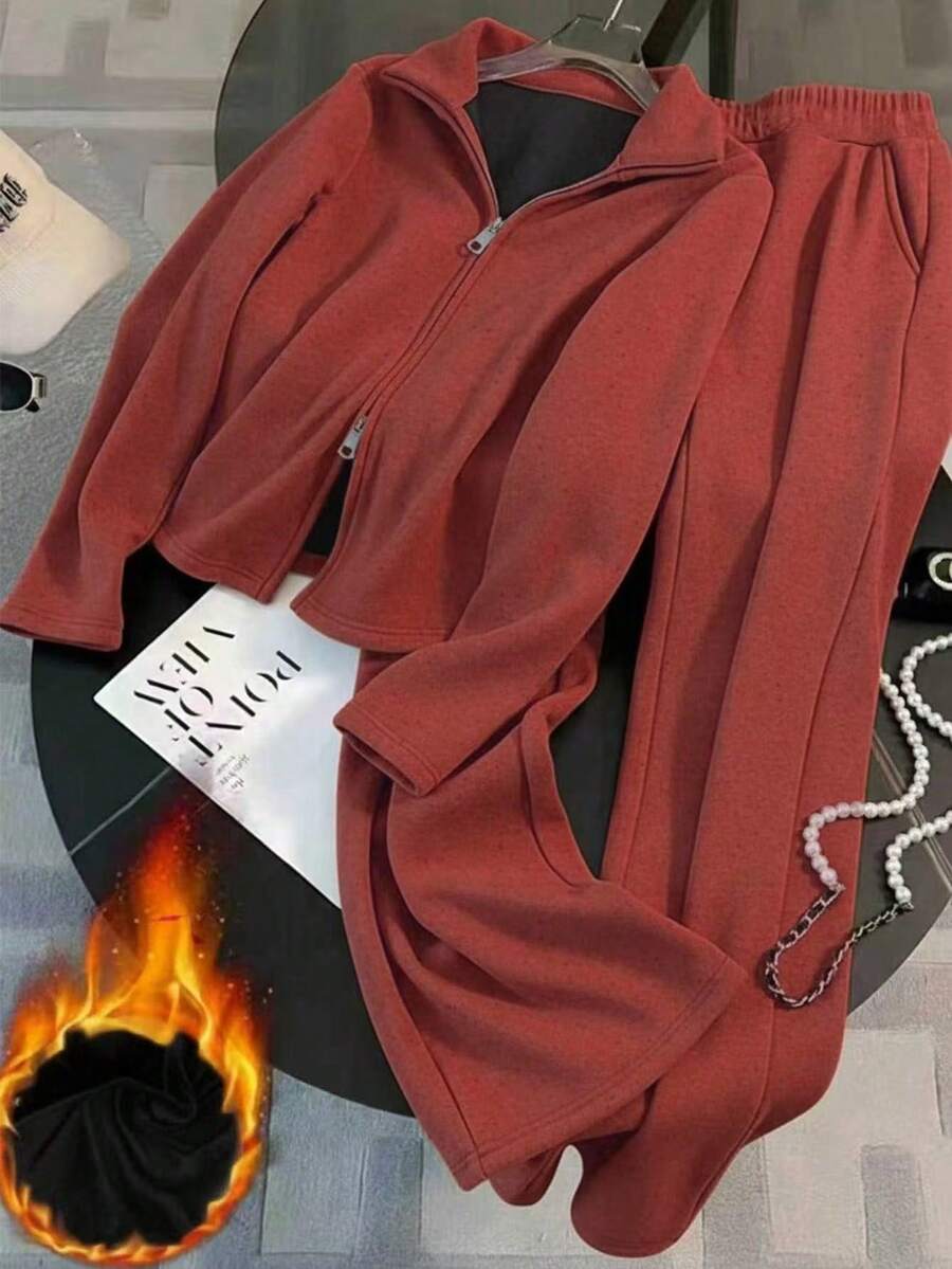 Franclia 2025秋冬新款休闲运动套装女时尚修身简约抓绒拉链连帽衫阔腿裤两件套 - 紅色 - 查看 1