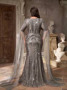 Aureia 大码优雅奢华灰色亮片刺绣圆领灯笼袖修身鱼尾裙，适合晚宴、约会、舞会、度假、婚礼、情人节等场合。 - 灰色 - 查看 5