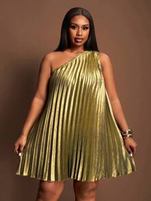 Veslaya 优雅派对、优雅约会、毕业季、生日派对、正式场合、聚会、婚礼季、宴会、性感、宽松无袖单肩、单侧高开衩、亮面面料、全身褶裥、女士大码连衣裙 - 綠色 - 查看 4