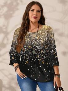 EMERY ROSE Camicia casual oversize da donna con stampa all-over, collo rotondo, maniche 3/4 larghe. Top con paillettes da donna in stile boho per autunno/inverno, con strass, top nero luccicante e paillettes, top di lusso per taglie forti. - Multicolore - Visualizzare 8