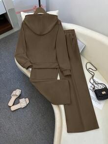 GlowEve 女士时尚休闲纯色刺绣连帽口袋拉链长袖宽松卫衣和刺绣高腰抽绳宽松直筒运动裤套装，适合日常、运动和休闲穿着。 - 棕色 - 查看 2