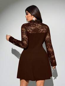 Viva Relle Gaun Lengan Panjang Patchwork Renda Ukuran Besar - Coklat - View 6
