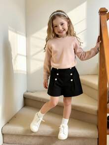 SHEIN Girls Urban Girl Shorts, Black, Chic Style, Breathable & Comfortable, Suitable For Autumn, Spring, Summer, Versatile, Fits Girls Aged 4-7, Suitable For Outings, School, Home, Travel