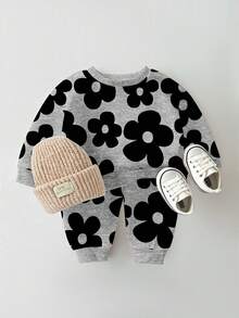 1 Set Baby Girls Casual Chic Floral Print Crew Neck Long Sleeve Sweatshirt And Sweatpants Set, Cozy For Outings, Sports And Leisure Wear, Autumn/Winter - Multicolor - View 1