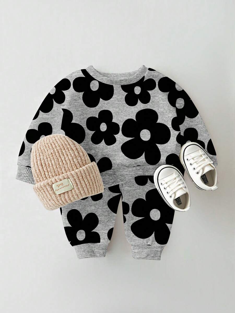 1 Set Baby Girls Casual Chic Floral Print Crew Neck Long Sleeve Sweatshirt And Sweatpants Set, Cozy For Outings, Sports And Leisure Wear, Autumn/Winter - Multicolor - View 1