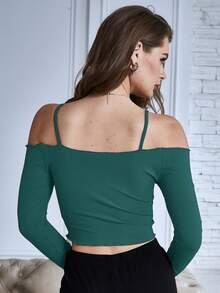 INAWLY Solid Color Pleated Off-Shoulder Casual Long Sleeve T-Shirt Fall Cloth For Women - Dark Green - View 2