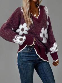 SHEIN LUNE Plus Size Colorblock 3D Floral Knit Pullover Sweater - Burgundy - View 7