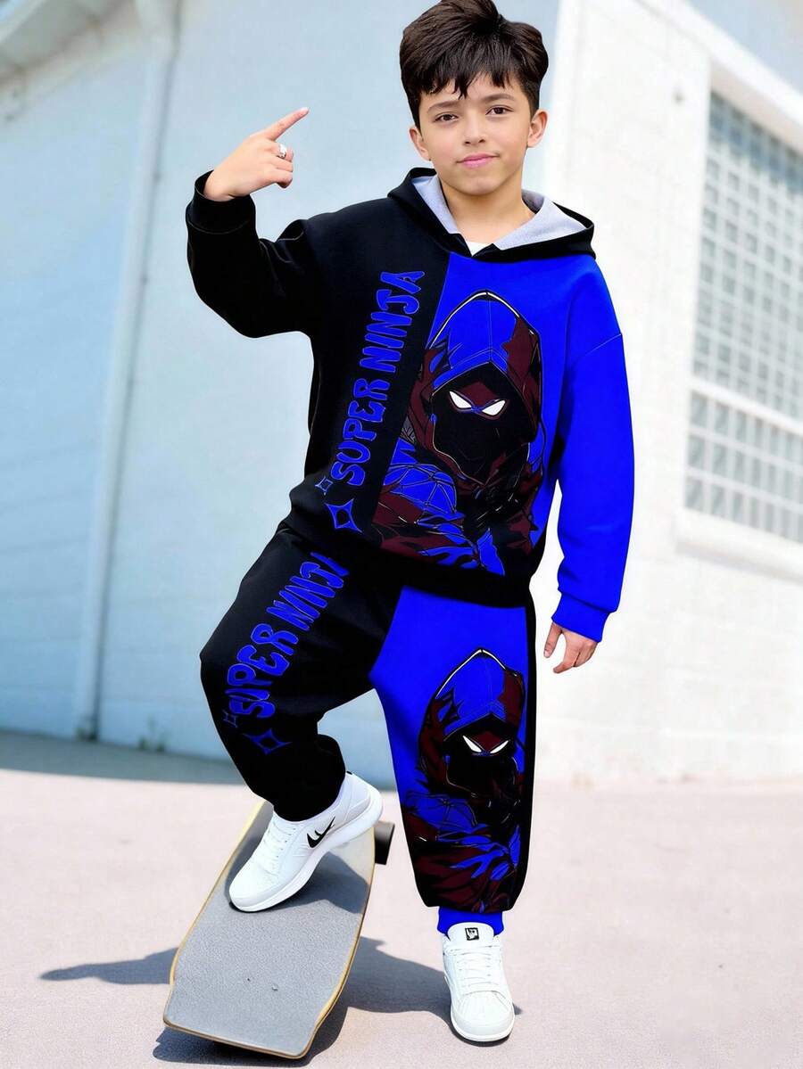 Fantacosmos 2pcs/Set Boys Digital Print Hoodie And Sweatpants Set, Street Style Fall Winter - Blue - View 1