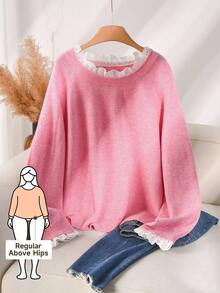 CosyJoli Plus Size Casual Lace Splice Round Neck Pullover Pink Mesh Sweater,Fall Clothes For Women Autumn