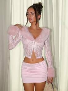 Glamine Charm 两件套毛领粉色蕾丝薄纱长袖迷你裙套装，秋冬服装，节日派对嘉年华套装，街头服饰，女士夜店套装，约会套装，女士生日套装，尽显优雅气质，派对必备，万圣节套装，圣诞节套装，毛绒上衣套装 - 粉色 - 查看 6