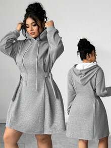 Elenzga Áo hoodie dệt kim dài tay thời trang tối giản cỡ lớn cho nữ có dây rút ở eo, váy dài đến đầu gối màu xám - Xám - Xem 1