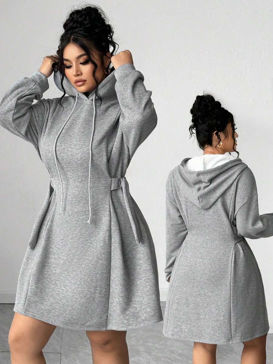 Elenzga Áo hoodie dệt kim dài tay thời trang tối giản cỡ lớn cho nữ có dây rút ở eo, váy dài đến đầu gối màu xám - Xám - Xem 1