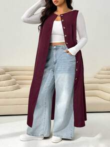 SHEIN EZwear Robe décontractée sans manches à col rond et boutonnage simple en couleur unie pour femmes grandes tailles