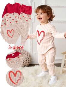 SHEIN 6件套可爱女童春秋季罗纹面料蝴蝶结印花/蝴蝶结满印/纯色玫红色长袖弧形下摆T恤和修身长裤休闲时尚套装 - 紅色 - 查看 3