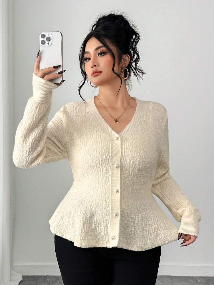 Dazy Plus Plus Size Women V-Neck Elegant Solid Color Fitted Cardigan Sweater, Suitable For Autumn/Winter