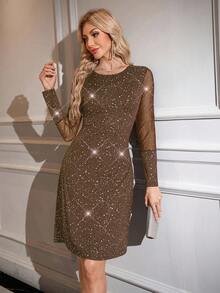 SHEIN Clasi 女士优雅水钻装饰圆领收腰短款连衣裙，秋季 - 棕色 - 查看 6