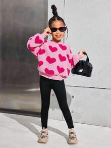 SHEIN Tween Girls Casual Knit Thermal Lined Crew Neck Pullover Sweater And Solid Black Knit Pants Set, Girls Fuzzy Outfit For Autumn/Winter