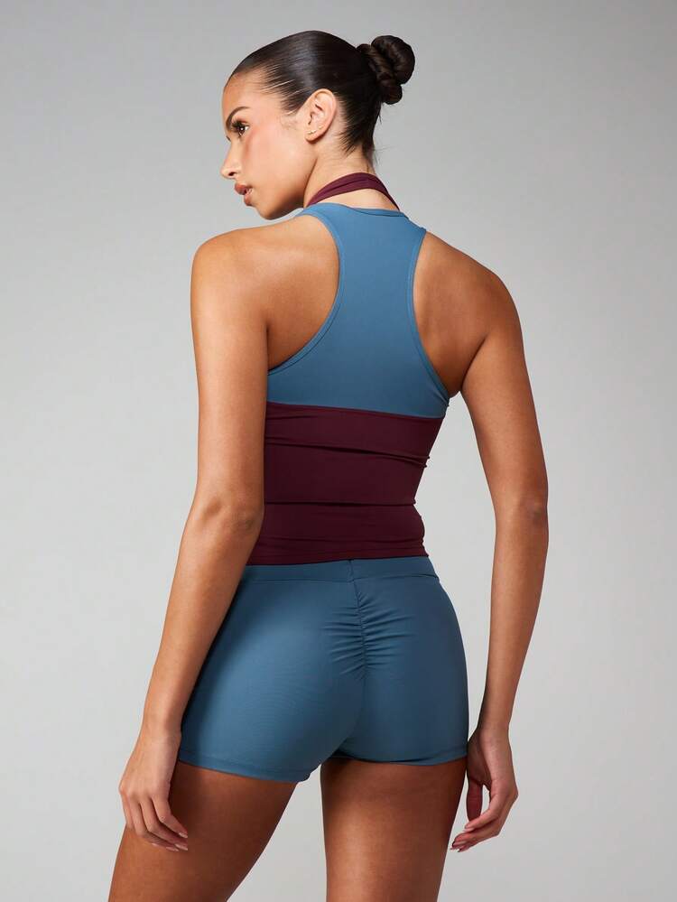 MISSGUIDED Women's Halter Neck Wrap Sports Bra With Layered Color Block Design And Built In Support For Active Lifestyle