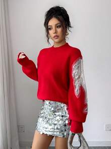 Xyvia Women's Elegant Embroidered Sequins Splice Sleeve High Neck Solid Color Long Sleeve Sweater, Autumn/Winter - Red - View 5