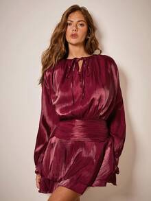 COSMINA Christmas Dress Women's Solid Color Tie Collar Long Sleeve Double Ruffle Hem Elegant Short Dress, Burgundy Dress - Burgundy - View 5