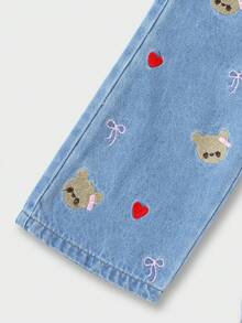 SHEIN Playful Pals Quần jeans ống rộng mùa thu/đông cho bé gái 2-25 tuổi, ống đứng thêu hình trái tim dễ thương, màu đen cổ điển, đen xám, phong cách đường phố đơn giản, cổ điển Y2K - Rửa nhẹ - Xem 5