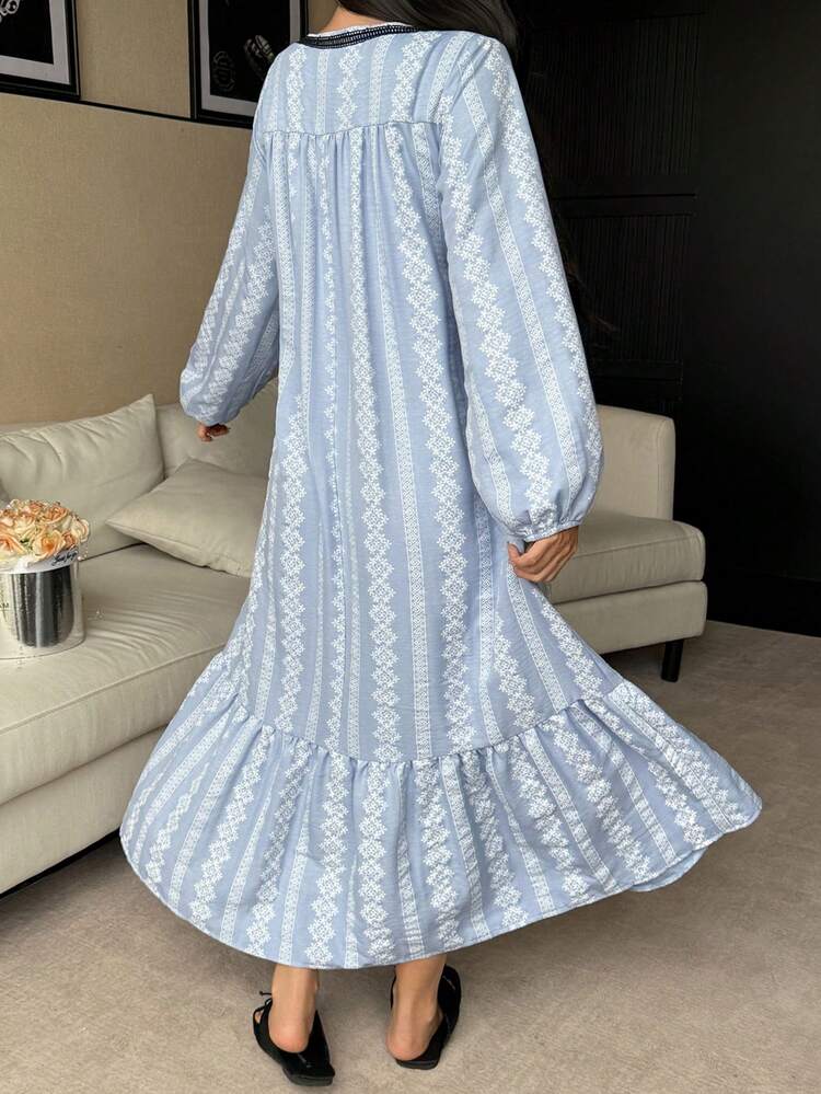 Vacation Style Floral Pattern Contrast Trim Lantern Sleeve Long Women Nightgown