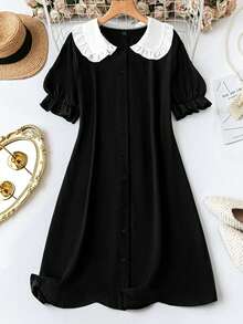 SHEIN PETITE CURVE 休闲、优雅、简约、可爱女式时尚百搭畅销纯色面料彼得潘领开衫，配有弹性短袖，黑白拼接设计，黑白配色，小码和大码连衣裙 - 黑與白 - 查看 1