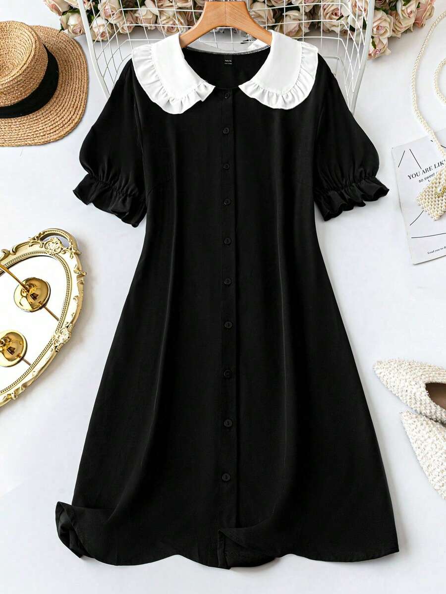 SHEIN PETITE CURVE 休闲、优雅、简约、可爱女式时尚百搭畅销纯色面料彼得潘领开衫，配有弹性短袖，黑白拼接设计，黑白配色，小码和大码连衣裙 - 黑與白 - 查看 1